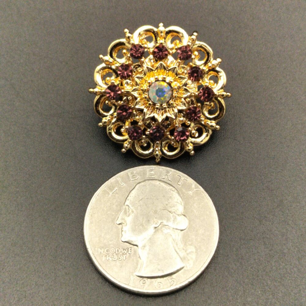 Vintage Style Gold Tone Amethyst Purple & AB Rhinestone Floral Brooch Pin - Picture 2 of 5